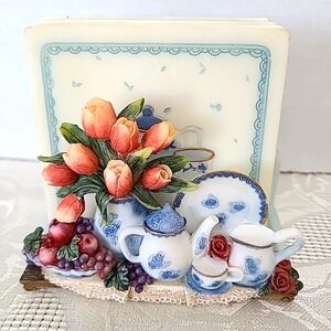 A.Richesco Co. Handpainted Set of 4 Square Coaster and Holder Vintage